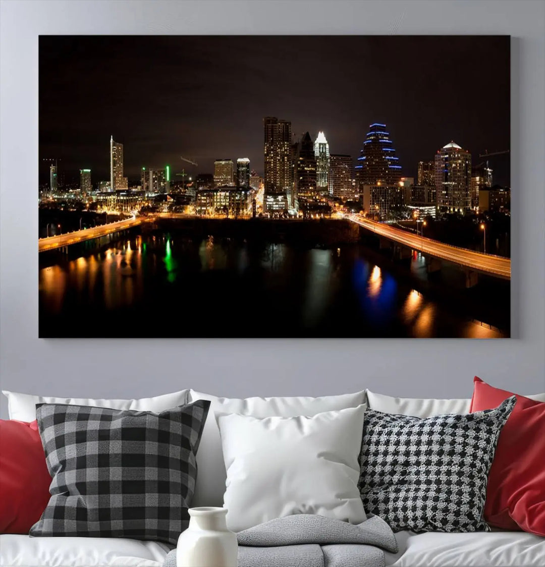 The Austin City Lights Night Skyline Cityscape View Wall Art Canvas Print adorns the wall. Each gallery-wrapped piece is printed on museum-quality canvas and features a UV-protective coating to maintain its vibrant allure.