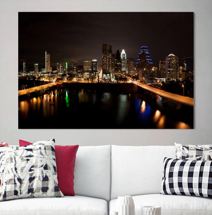 The Austin City Lights Night Skyline Cityscape View Wall Art Canvas Print adorns the wall. Each gallery-wrapped piece is printed on museum-quality canvas and features a UV-protective coating to maintain its vibrant allure.