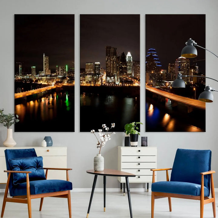 The Austin City Lights Night Skyline Cityscape View Wall Art Canvas Print adorns the wall. Each gallery-wrapped piece is printed on museum-quality canvas and features a UV-protective coating to maintain its vibrant allure.