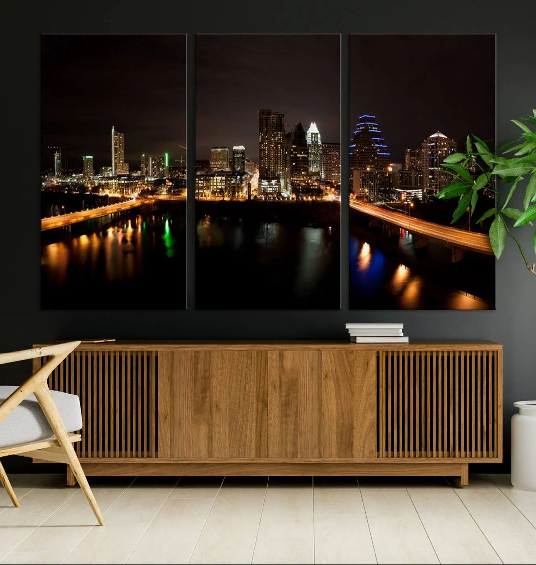 The Austin City Lights Night Skyline Cityscape View Wall Art Canvas Print adorns the wall. Each gallery-wrapped piece is printed on museum-quality canvas and features a UV-protective coating to maintain its vibrant allure.