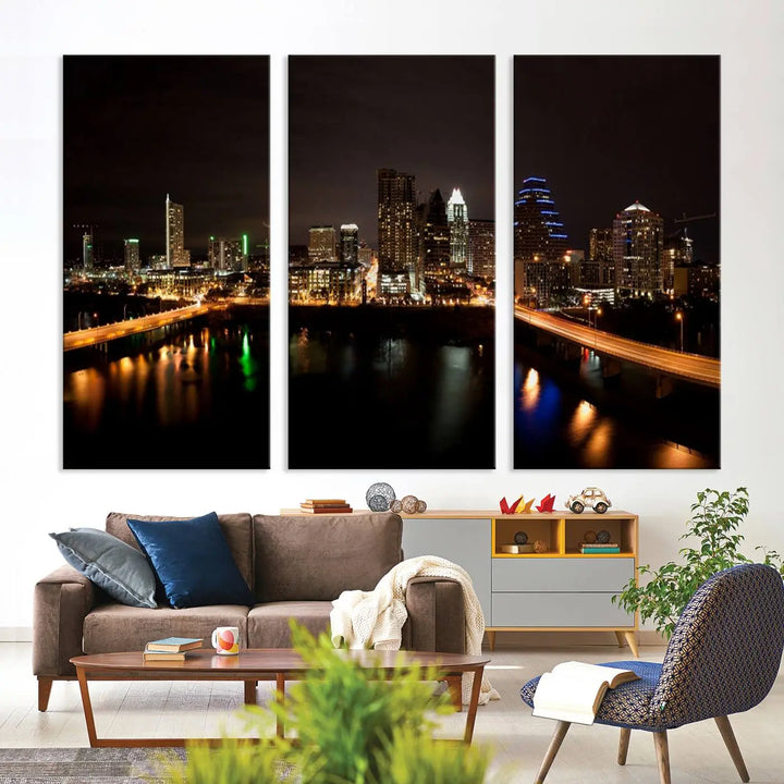 The Austin City Lights Night Skyline Cityscape View Wall Art Canvas Print adorns the wall. Each gallery-wrapped piece is printed on museum-quality canvas and features a UV-protective coating to maintain its vibrant allure.