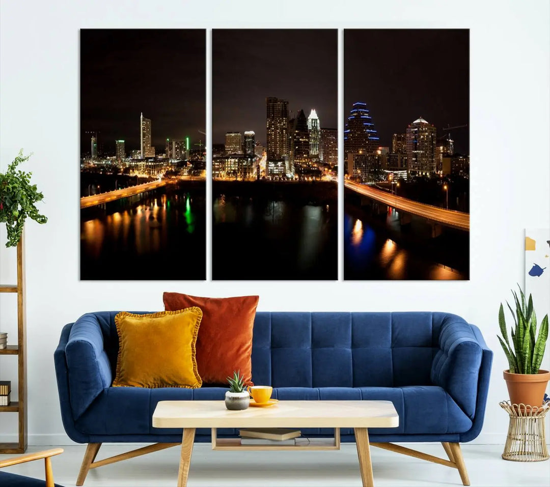 The Austin City Lights Night Skyline Cityscape View Wall Art Canvas Print adorns the wall. Each gallery-wrapped piece is printed on museum-quality canvas and features a UV-protective coating to maintain its vibrant allure.