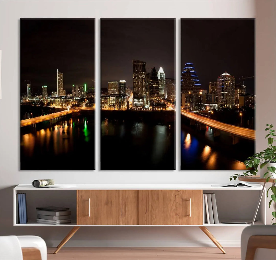 The Austin City Lights Night Skyline Cityscape View Wall Art Canvas Print adorns the wall. Each gallery-wrapped piece is printed on museum-quality canvas and features a UV-protective coating to maintain its vibrant allure.