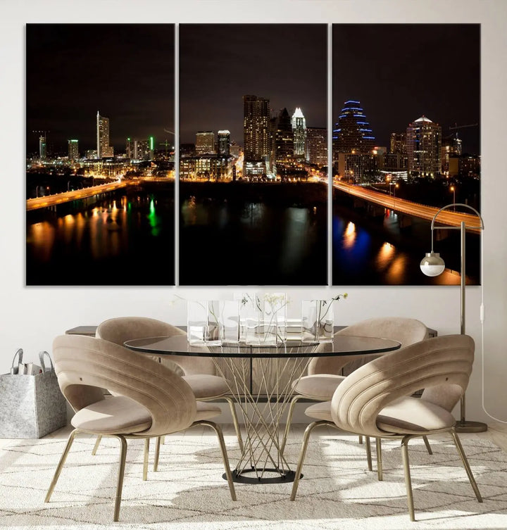 The Austin City Lights Night Skyline Cityscape View Wall Art Canvas Print adorns the wall. Each gallery-wrapped piece is printed on museum-quality canvas and features a UV-protective coating to maintain its vibrant allure.