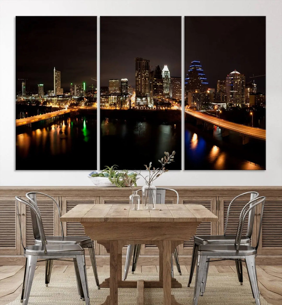 The Austin City Lights Night Skyline Cityscape View Wall Art Canvas Print adorns the wall. Each gallery-wrapped piece is printed on museum-quality canvas and features a UV-protective coating to maintain its vibrant allure.