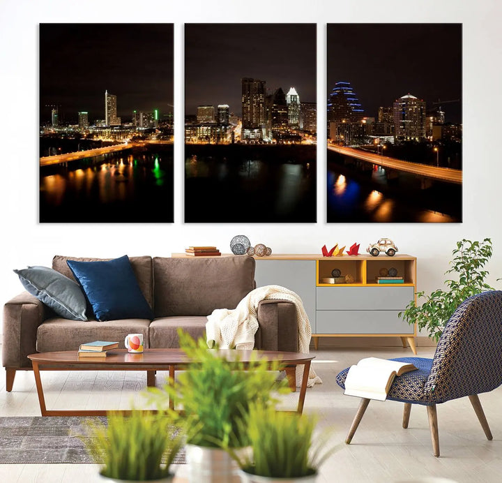 The Austin City Lights Night Skyline Cityscape View Wall Art Canvas Print adorns the wall. Each gallery-wrapped piece is printed on museum-quality canvas and features a UV-protective coating to maintain its vibrant allure.