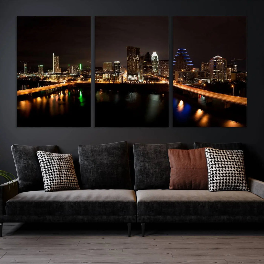 The Austin City Lights Night Skyline Cityscape View Wall Art Canvas Print adorns the wall. Each gallery-wrapped piece is printed on museum-quality canvas and features a UV-protective coating to maintain its vibrant allure.