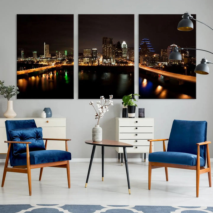 The Austin City Lights Night Skyline Cityscape View Wall Art Canvas Print adorns the wall. Each gallery-wrapped piece is printed on museum-quality canvas and features a UV-protective coating to maintain its vibrant allure.