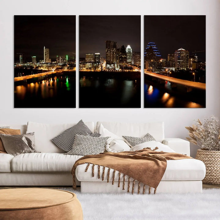 The Austin City Lights Night Skyline Cityscape View Wall Art Canvas Print adorns the wall. Each gallery-wrapped piece is printed on museum-quality canvas and features a UV-protective coating to maintain its vibrant allure.