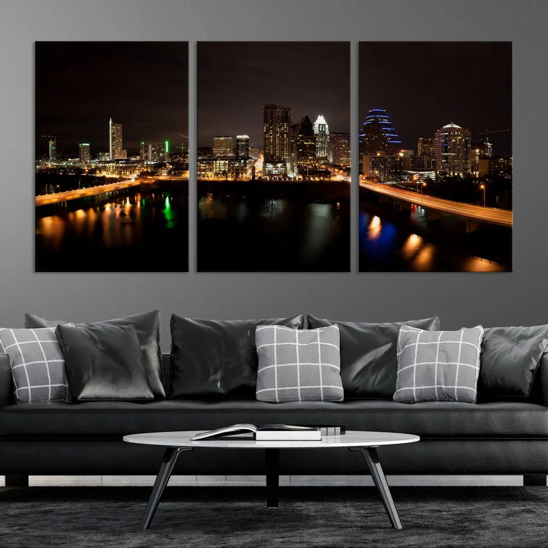 The Austin City Lights Night Skyline Cityscape View Wall Art Canvas Print adorns the wall. Each gallery-wrapped piece is printed on museum-quality canvas and features a UV-protective coating to maintain its vibrant allure.