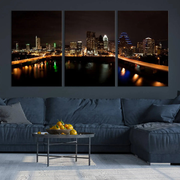 The Austin City Lights Night Skyline Cityscape View Wall Art Canvas Print adorns the wall. Each gallery-wrapped piece is printed on museum-quality canvas and features a UV-protective coating to maintain its vibrant allure.