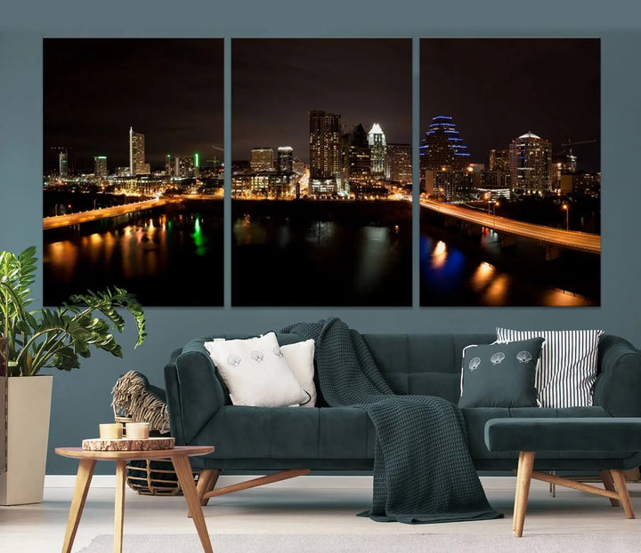 The Austin City Lights Night Skyline Cityscape View Wall Art Canvas Print adorns the wall. Each gallery-wrapped piece is printed on museum-quality canvas and features a UV-protective coating to maintain its vibrant allure.