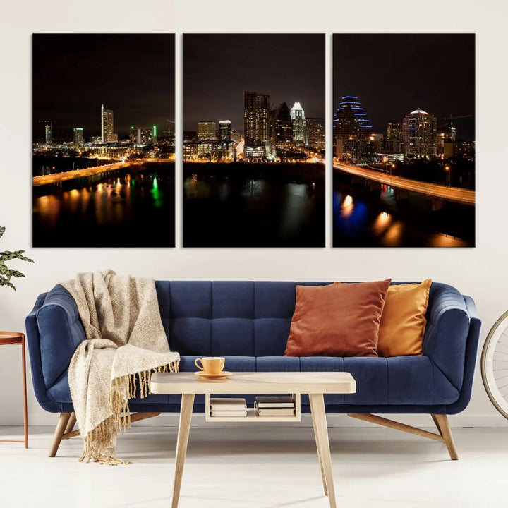 The Austin City Lights Night Skyline Cityscape View Wall Art Canvas Print adorns the wall. Each gallery-wrapped piece is printed on museum-quality canvas and features a UV-protective coating to maintain its vibrant allure.