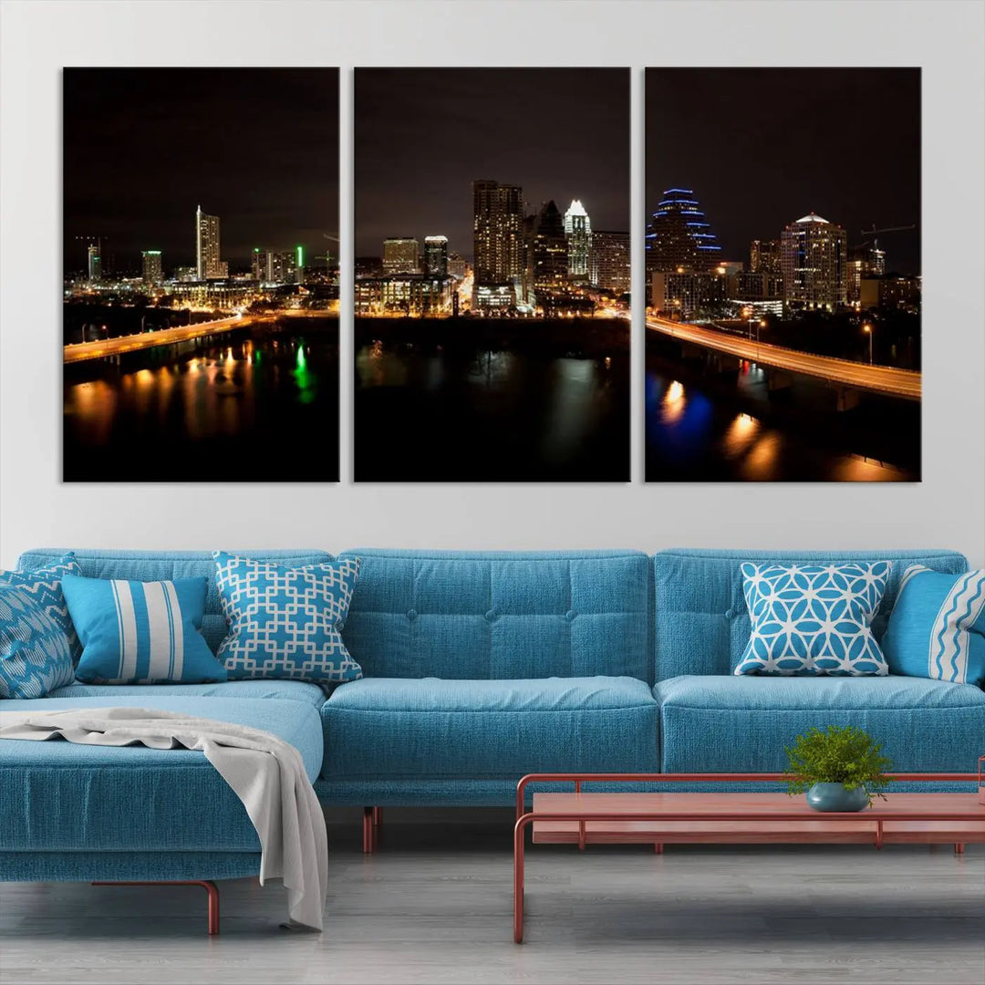 The Austin City Lights Night Skyline Cityscape View Wall Art Canvas Print adorns the wall. Each gallery-wrapped piece is printed on museum-quality canvas and features a UV-protective coating to maintain its vibrant allure.