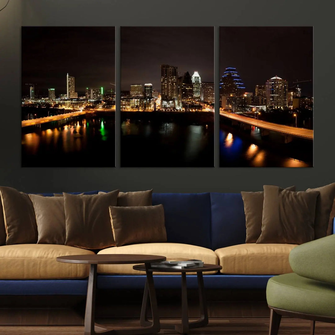 The Austin City Lights Night Skyline Cityscape View Wall Art Canvas Print adorns the wall. Each gallery-wrapped piece is printed on museum-quality canvas and features a UV-protective coating to maintain its vibrant allure.