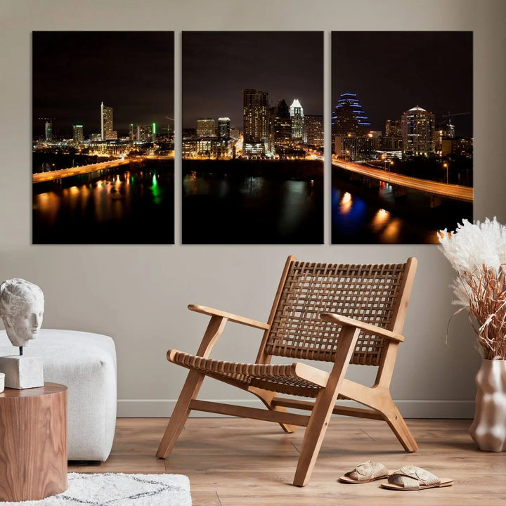 The Austin City Lights Night Skyline Cityscape View Wall Art Canvas Print adorns the wall. Each gallery-wrapped piece is printed on museum-quality canvas and features a UV-protective coating to maintain its vibrant allure.