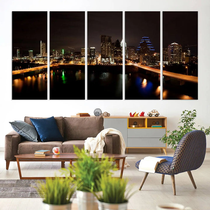 The Austin City Lights Night Skyline Cityscape View Wall Art Canvas Print adorns the wall. Each gallery-wrapped piece is printed on museum-quality canvas and features a UV-protective coating to maintain its vibrant allure.