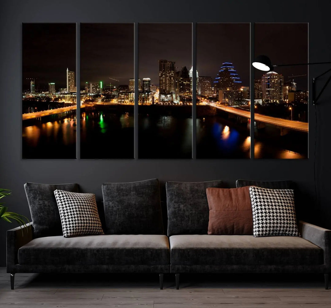 The Austin City Lights Night Skyline Cityscape View Wall Art Canvas Print adorns the wall. Each gallery-wrapped piece is printed on museum-quality canvas and features a UV-protective coating to maintain its vibrant allure.