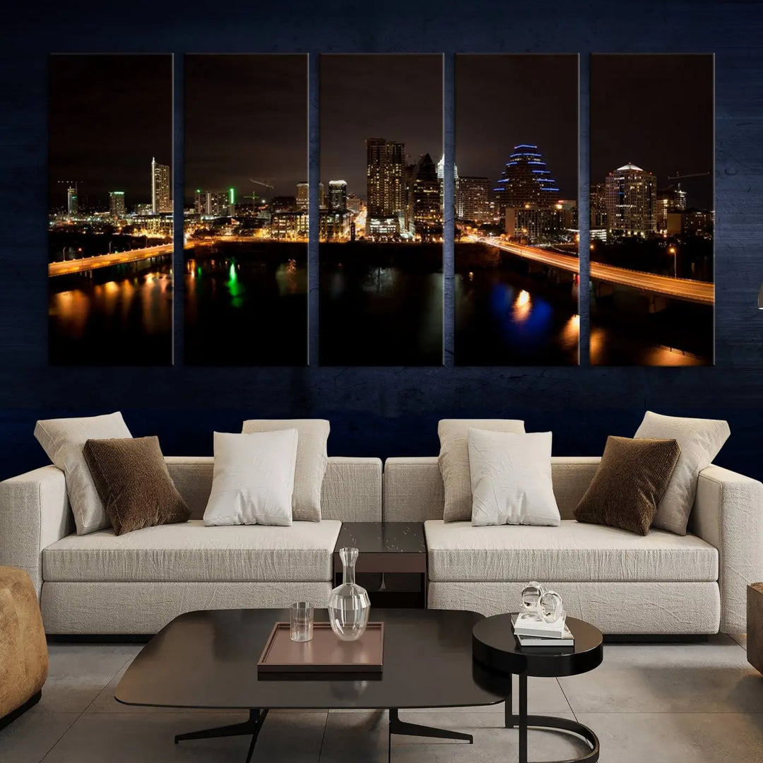 The Austin City Lights Night Skyline Cityscape View Wall Art Canvas Print adorns the wall. Each gallery-wrapped piece is printed on museum-quality canvas and features a UV-protective coating to maintain its vibrant allure.