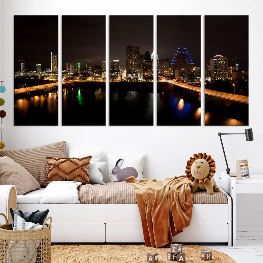 The Austin City Lights Night Skyline Cityscape View Wall Art Canvas Print adorns the wall. Each gallery-wrapped piece is printed on museum-quality canvas and features a UV-protective coating to maintain its vibrant allure.