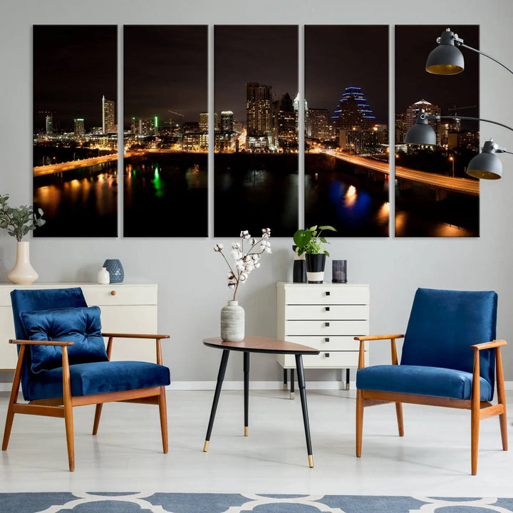 The Austin City Lights Night Skyline Cityscape View Wall Art Canvas Print adorns the wall. Each gallery-wrapped piece is printed on museum-quality canvas and features a UV-protective coating to maintain its vibrant allure.