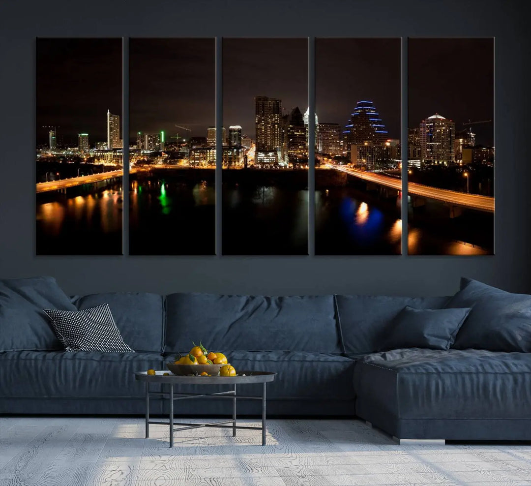 The Austin City Lights Night Skyline Cityscape View Wall Art Canvas Print adorns the wall. Each gallery-wrapped piece is printed on museum-quality canvas and features a UV-protective coating to maintain its vibrant allure.