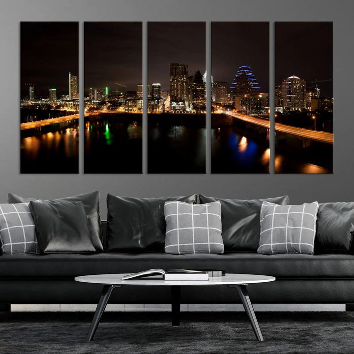 The Austin City Lights Night Skyline Cityscape View Wall Art Canvas Print adorns the wall. Each gallery-wrapped piece is printed on museum-quality canvas and features a UV-protective coating to maintain its vibrant allure.