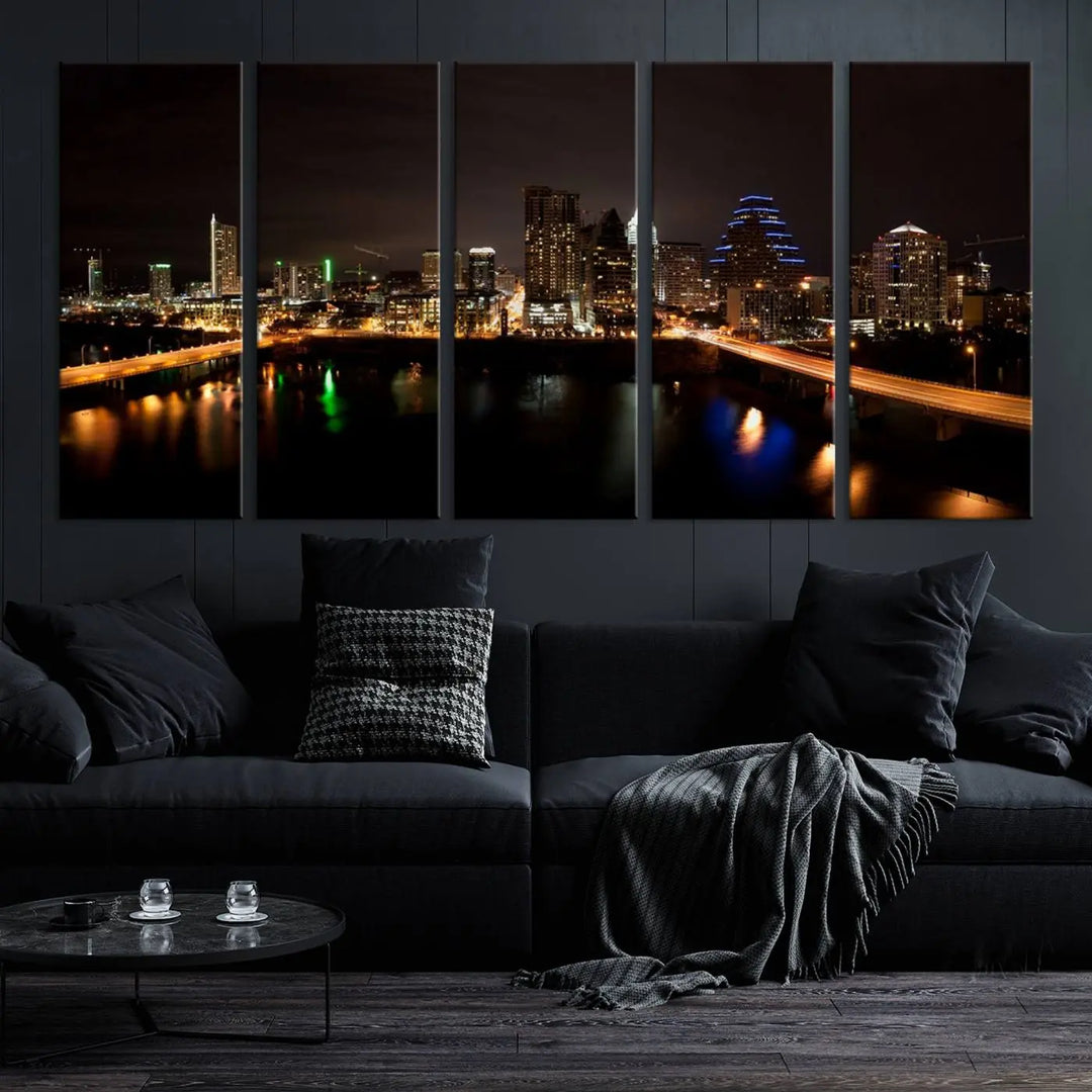 The Austin City Lights Night Skyline Cityscape View Wall Art Canvas Print adorns the wall. Each gallery-wrapped piece is printed on museum-quality canvas and features a UV-protective coating to maintain its vibrant allure.