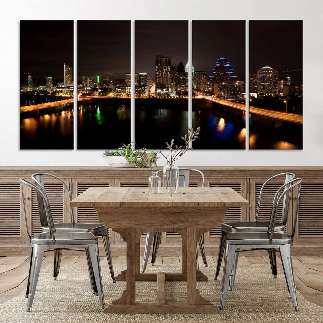 The Austin City Lights Night Skyline Cityscape View Wall Art Canvas Print adorns the wall. Each gallery-wrapped piece is printed on museum-quality canvas and features a UV-protective coating to maintain its vibrant allure.