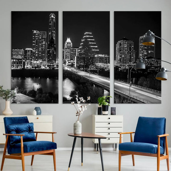 A modern living room highlights the "Austin City Lights Skyline Black and White Wall Art Canvas Print" above the sofa. These museum-quality canvases feature a UV-protective coating to preserve their brilliance.