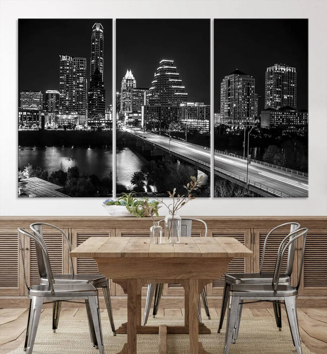 A modern living room highlights the "Austin City Lights Skyline Black and White Wall Art Canvas Print" above the sofa. These museum-quality canvases feature a UV-protective coating to preserve their brilliance.