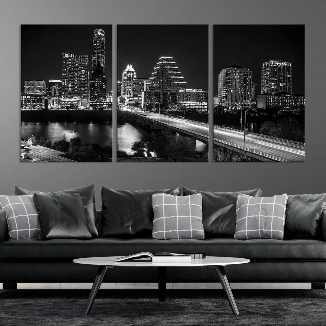 A modern living room highlights the "Austin City Lights Skyline Black and White Wall Art Canvas Print" above the sofa. These museum-quality canvases feature a UV-protective coating to preserve their brilliance.