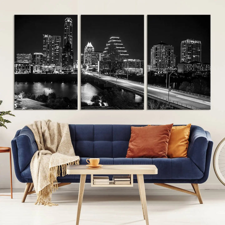 A modern living room highlights the "Austin City Lights Skyline Black and White Wall Art Canvas Print" above the sofa. These museum-quality canvases feature a UV-protective coating to preserve their brilliance.