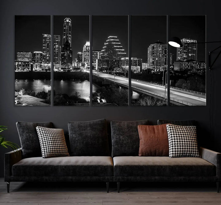 A modern living room highlights the "Austin City Lights Skyline Black and White Wall Art Canvas Print" above the sofa. These museum-quality canvases feature a UV-protective coating to preserve their brilliance.