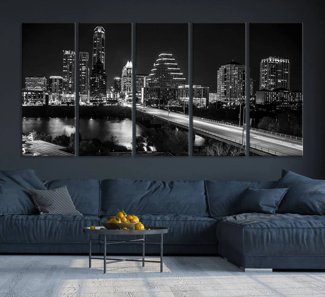 A modern living room highlights the "Austin City Lights Skyline Black and White Wall Art Canvas Print" above the sofa. These museum-quality canvases feature a UV-protective coating to preserve their brilliance.