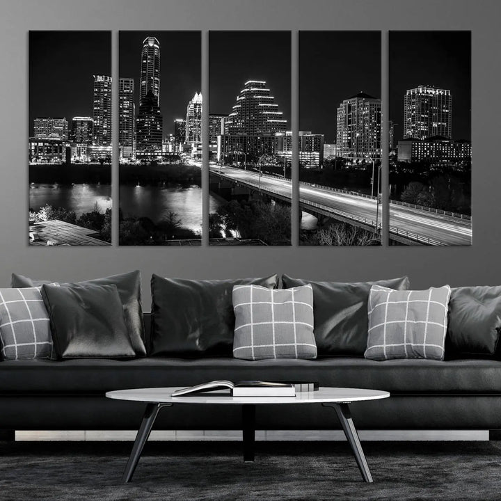 A modern living room highlights the "Austin City Lights Skyline Black and White Wall Art Canvas Print" above the sofa. These museum-quality canvases feature a UV-protective coating to preserve their brilliance.