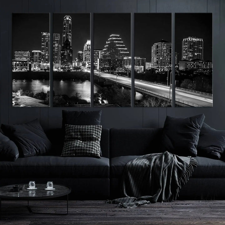 A modern living room highlights the "Austin City Lights Skyline Black and White Wall Art Canvas Print" above the sofa. These museum-quality canvases feature a UV-protective coating to preserve their brilliance.