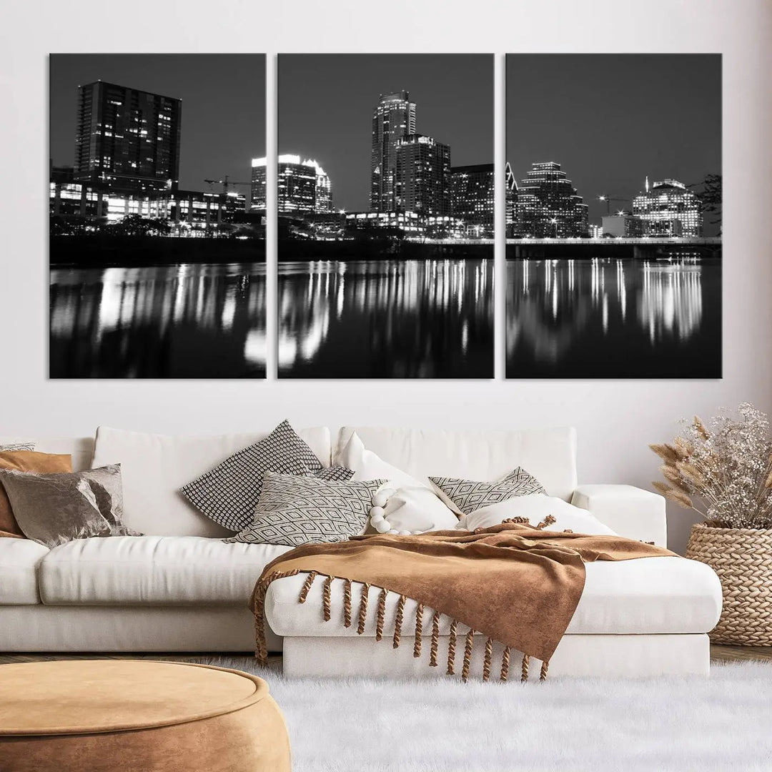 The Austin City Lights Skyline Black and White Wall Art Cityscape Canvas Print, a gallery-wrapped, museum-quality piece, adorns the wall, adding an elegant touch to the living space.