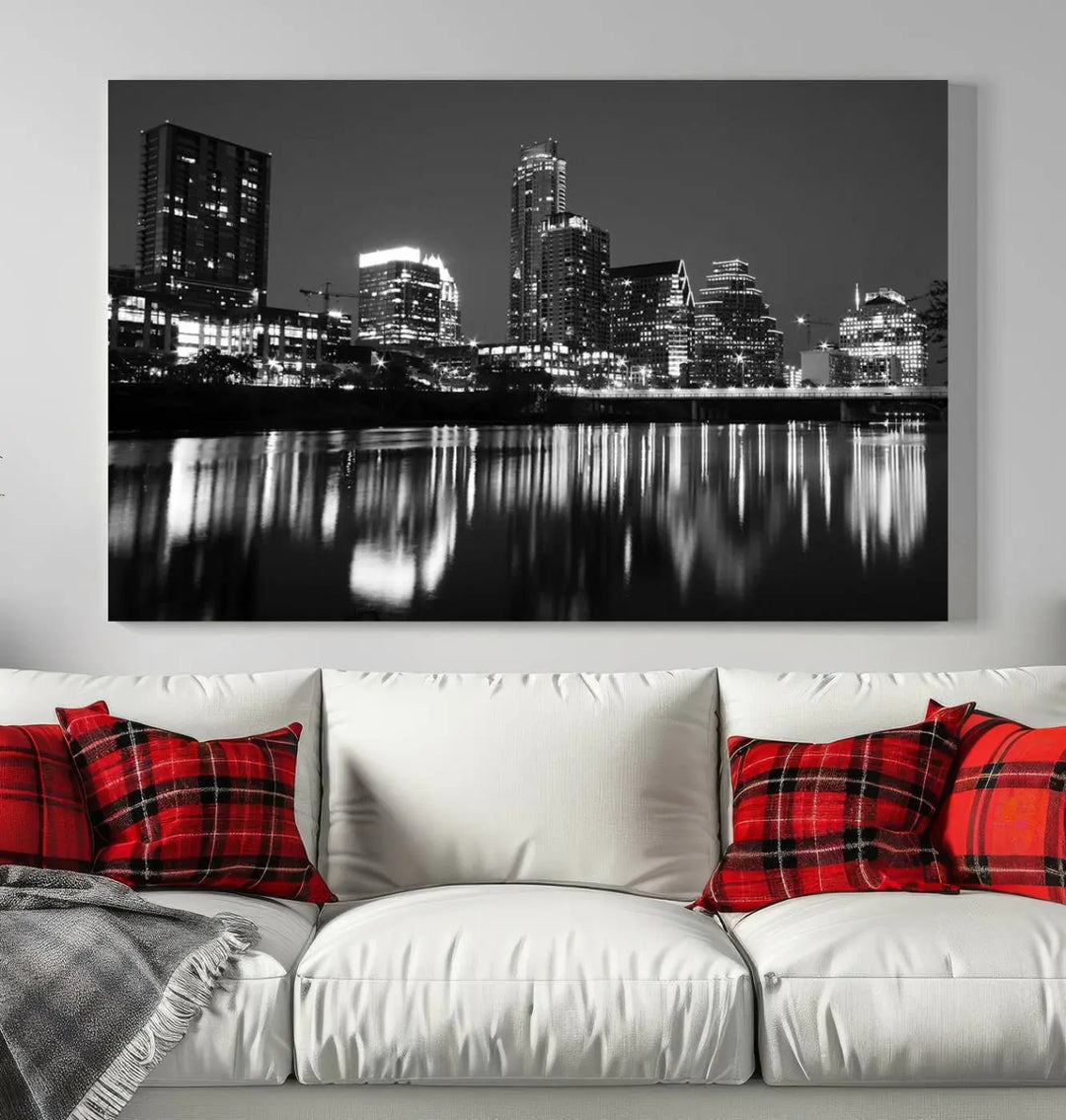 The Austin City Lights Skyline Black and White Wall Art Cityscape Canvas Print, a gallery-wrapped, museum-quality piece, adorns the wall, adding an elegant touch to the living space.