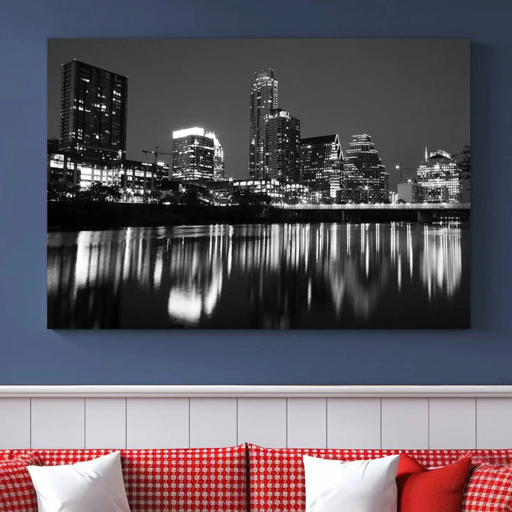 The Austin City Lights Skyline Black and White Wall Art Cityscape Canvas Print, a gallery-wrapped, museum-quality piece, adorns the wall, adding an elegant touch to the living space.