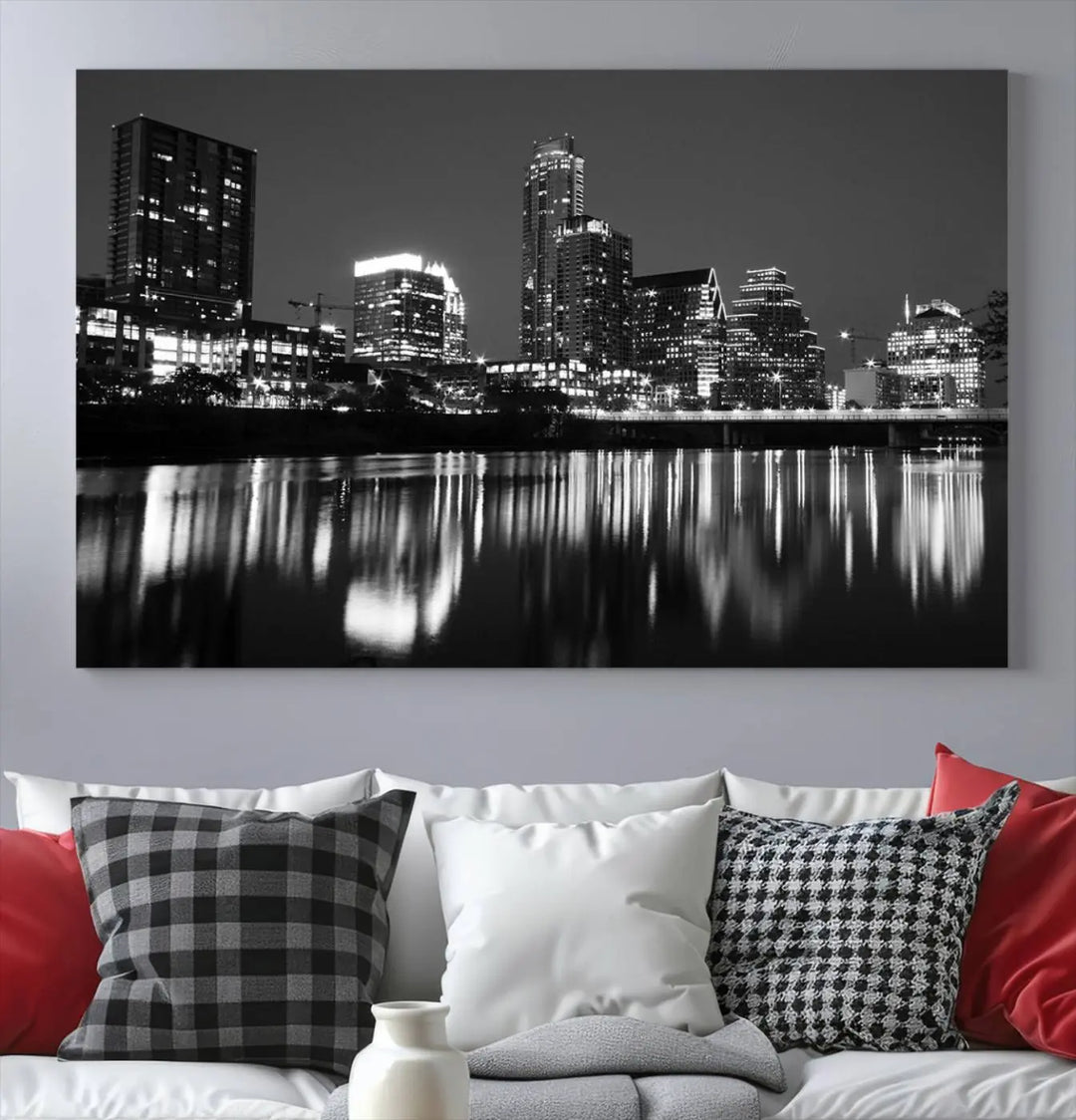 The Austin City Lights Skyline Black and White Wall Art Cityscape Canvas Print, a gallery-wrapped, museum-quality piece, adorns the wall, adding an elegant touch to the living space.