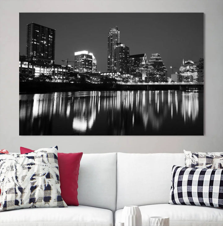 The Austin City Lights Skyline Black and White Wall Art Cityscape Canvas Print, a gallery-wrapped, museum-quality piece, adorns the wall, adding an elegant touch to the living space.