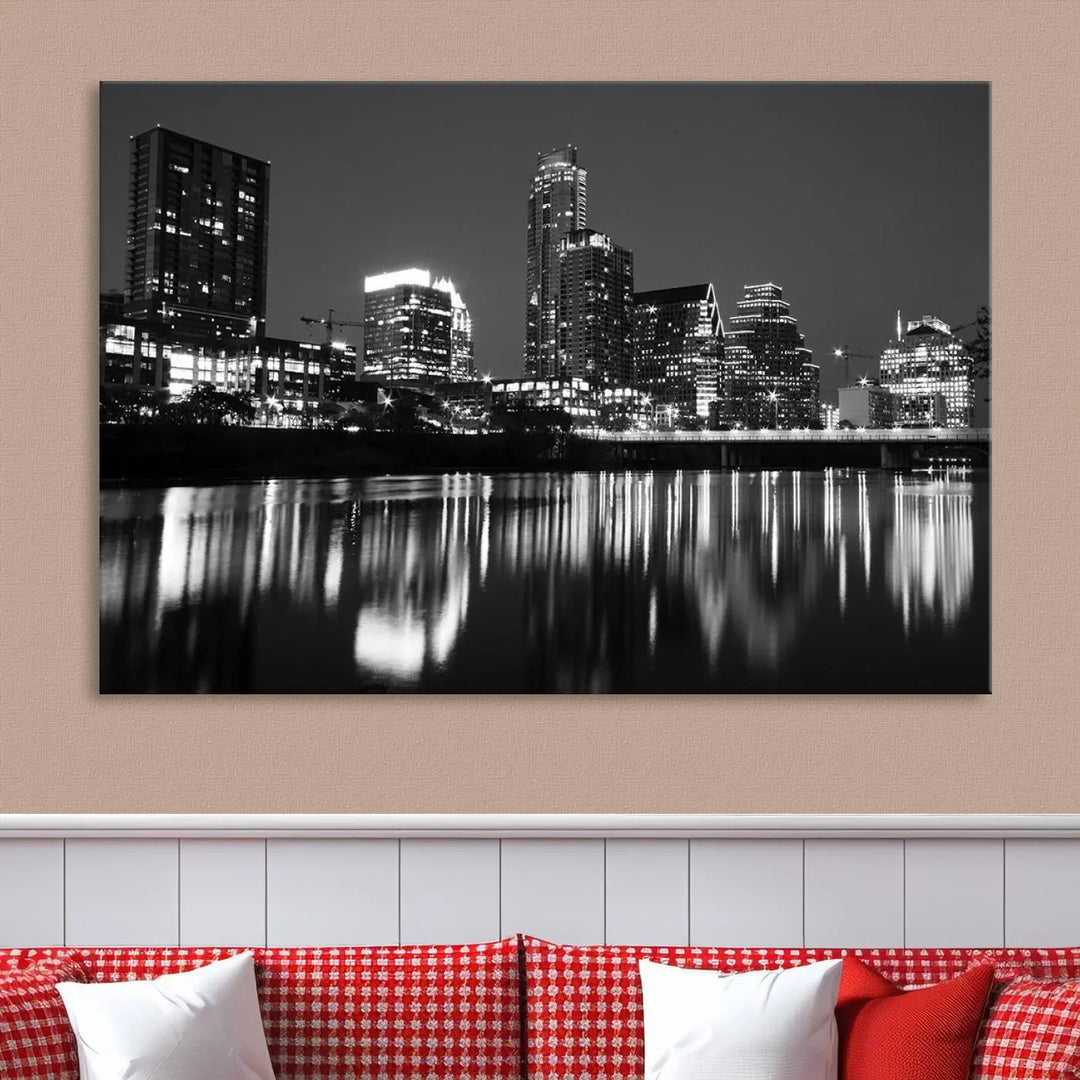 The Austin City Lights Skyline Black and White Wall Art Cityscape Canvas Print, a gallery-wrapped, museum-quality piece, adorns the wall, adding an elegant touch to the living space.