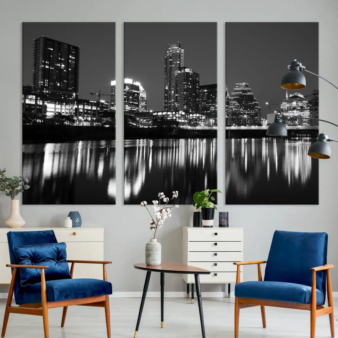 The Austin City Lights Skyline Black and White Wall Art Cityscape Canvas Print, a gallery-wrapped, museum-quality piece, adorns the wall, adding an elegant touch to the living space.