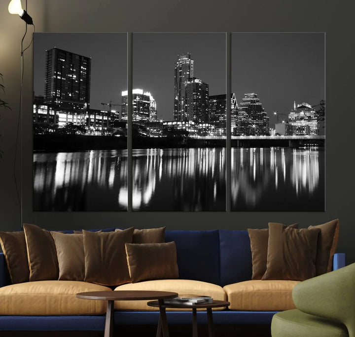 The Austin City Lights Skyline Black and White Wall Art Cityscape Canvas Print, a gallery-wrapped, museum-quality piece, adorns the wall, adding an elegant touch to the living space.