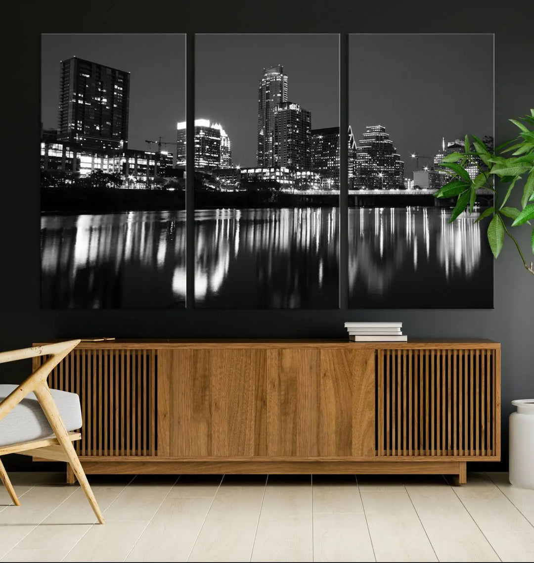 The Austin City Lights Skyline Black and White Wall Art Cityscape Canvas Print, a gallery-wrapped, museum-quality piece, adorns the wall, adding an elegant touch to the living space.