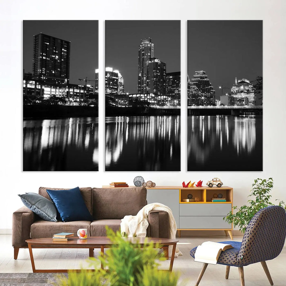 The Austin City Lights Skyline Black and White Wall Art Cityscape Canvas Print, a gallery-wrapped, museum-quality piece, adorns the wall, adding an elegant touch to the living space.