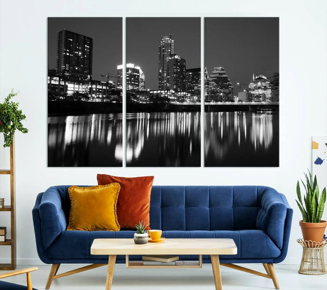 The Austin City Lights Skyline Black and White Wall Art Cityscape Canvas Print, a gallery-wrapped, museum-quality piece, adorns the wall, adding an elegant touch to the living space.