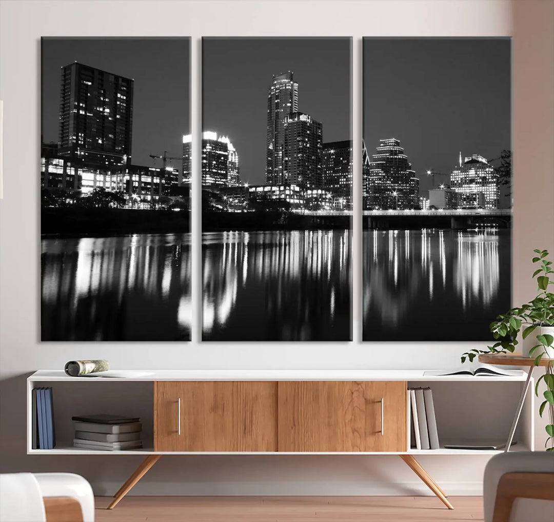 The Austin City Lights Skyline Black and White Wall Art Cityscape Canvas Print, a gallery-wrapped, museum-quality piece, adorns the wall, adding an elegant touch to the living space.