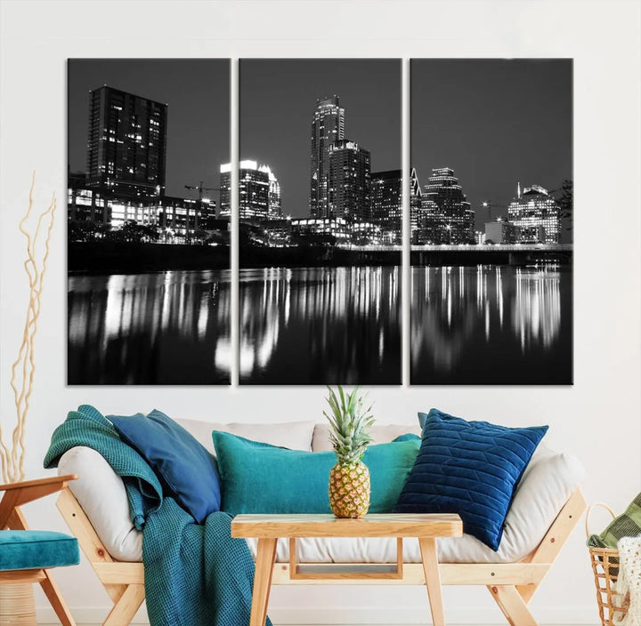 The Austin City Lights Skyline Black and White Wall Art Cityscape Canvas Print, a gallery-wrapped, museum-quality piece, adorns the wall, adding an elegant touch to the living space.